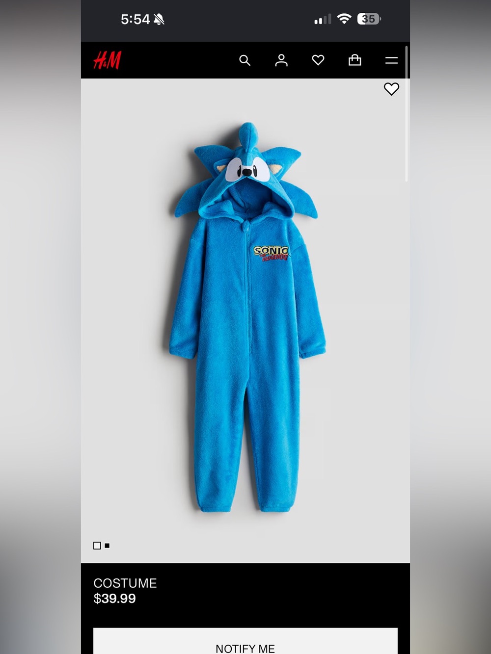 H&M Blue Sonic Plush One-Piece Hooded Costume SOLD OUT